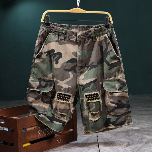🔥 50% OFF NOW!⚡ Men's Studded Camo Cargo Shorts – Distressed, Multi-Pocket & Elastic Waist – Rugged Streetwear Cargo Shorts 🛹