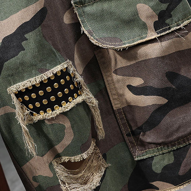 🔥 50% OFF NOW!⚡ Men's Studded Camo Cargo Shorts – Distressed, Multi-Pocket & Elastic Waist – Rugged Streetwear Cargo Shorts 🛹