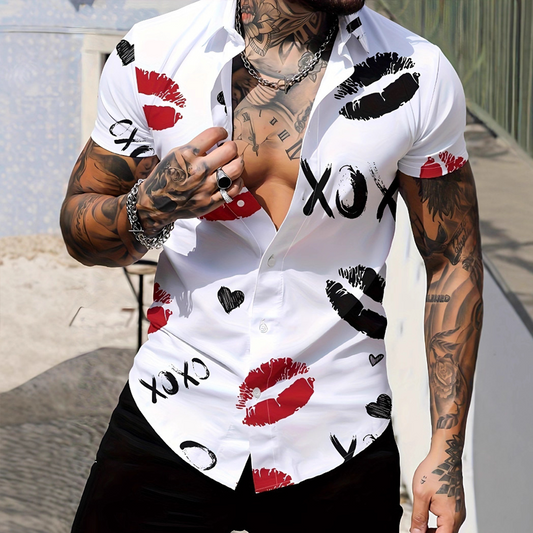 📢📢50% OFF !!⏰Men's Kiss Print Short-Sleeve Button-Up Shirt