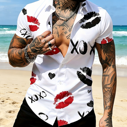 📢📢50% OFF !!⏰Men's Kiss Print Short-Sleeve Button-Up Shirt