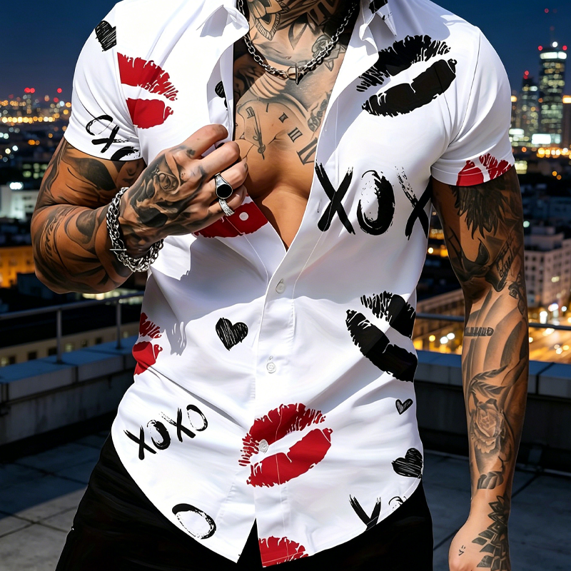 📢📢50% OFF !!⏰Men's Kiss Print Short-Sleeve Button-Up Shirt