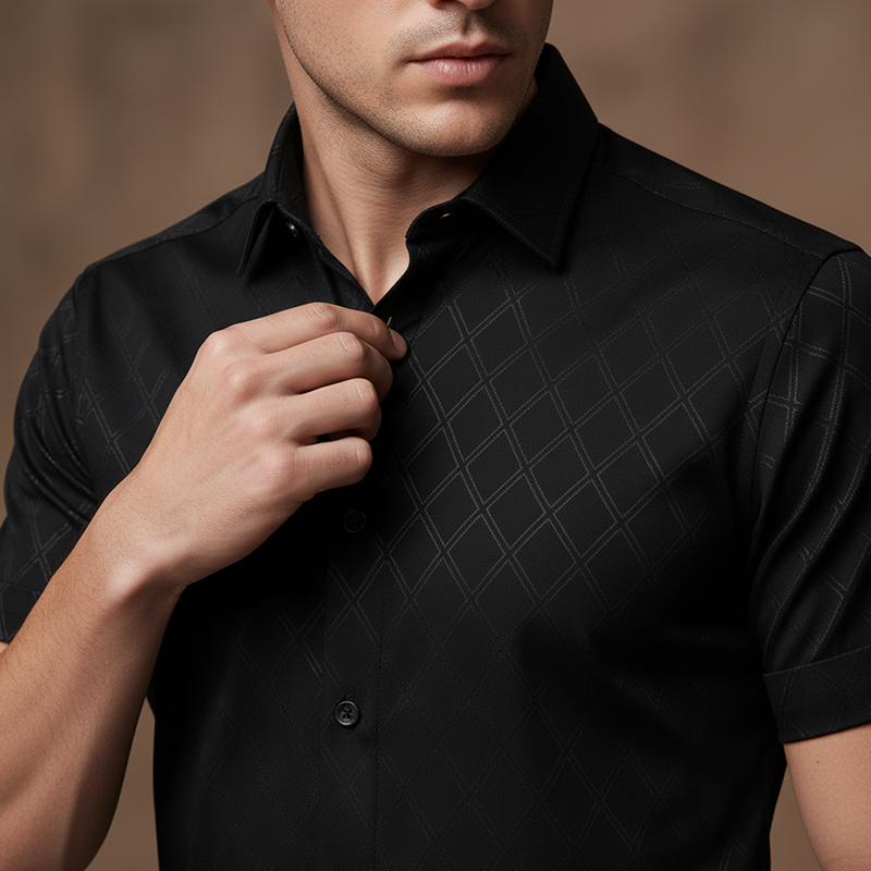 👔 50% OFF NOW!🖤 Men's Textured Black Shirt – Diamond Jacquard & Athletic Fit – Stylish Essential 🔥