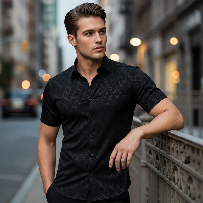 👔 50% OFF NOW!🖤 Men's Textured Black Shirt – Diamond Jacquard & Athletic Fit – Stylish Essential 🔥