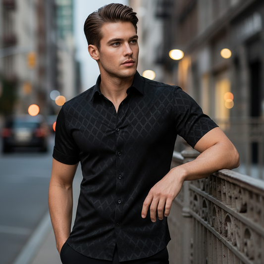 👔 50% OFF NOW!🖤 Men's Textured Black Shirt – Diamond Jacquard & Athletic Fit – Stylish Essential 🔥