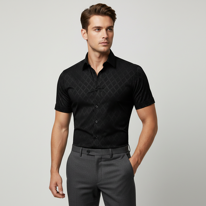 👔 50% OFF NOW!🖤 Men's Textured Black Shirt – Diamond Jacquard & Athletic Fit – Stylish Essential 🔥