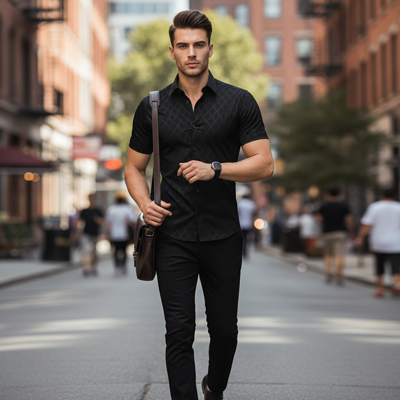 👔 50% OFF NOW!🖤 Men's Textured Black Shirt – Diamond Jacquard & Athletic Fit – Stylish Essential 🔥