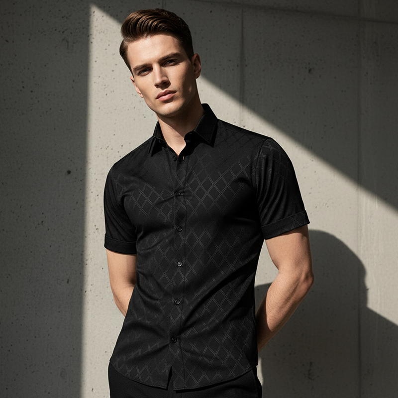 👔 50% OFF NOW!🖤 Men's Textured Black Shirt – Diamond Jacquard & Athletic Fit – Stylish Essential 🔥