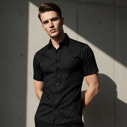 👔 50% OFF NOW!🖤 Men's Textured Black Shirt – Diamond Jacquard & Athletic Fit – Stylish Essential 🔥