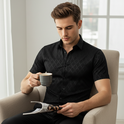 👔 50% OFF NOW!🖤 Men's Textured Black Shirt – Diamond Jacquard & Athletic Fit – Stylish Essential 🔥