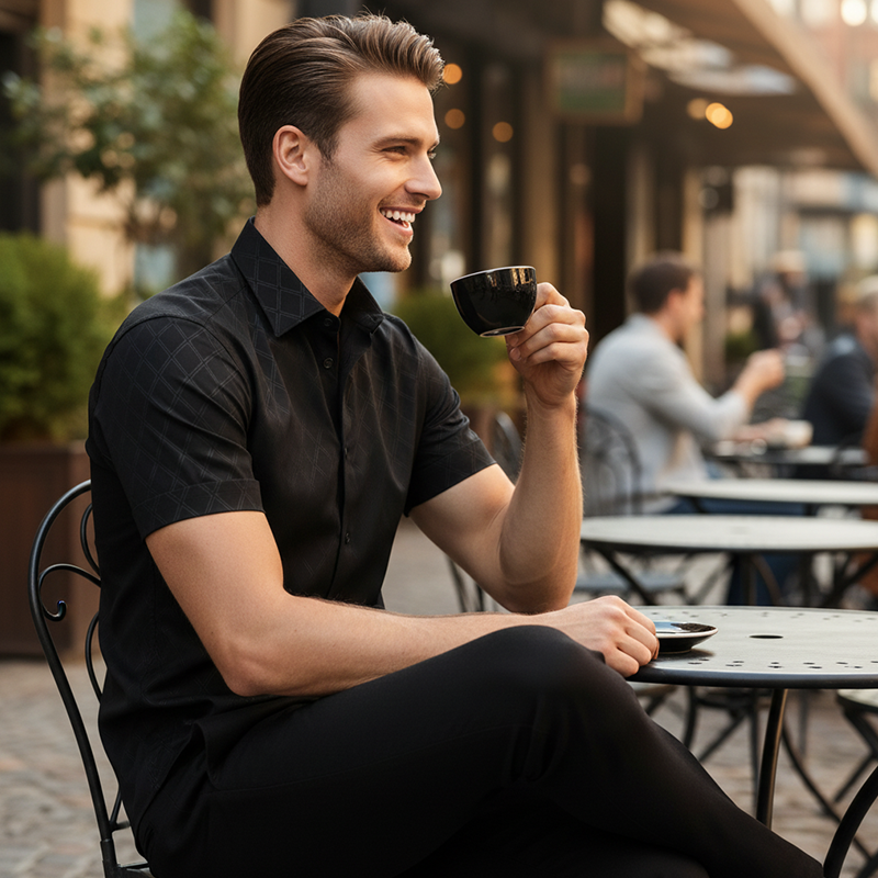 👔 50% OFF NOW!🖤 Men's Textured Black Shirt – Diamond Jacquard & Athletic Fit – Stylish Essential 🔥