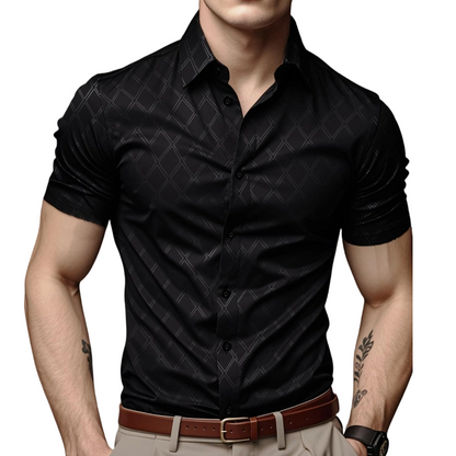 👔 50% OFF NOW!🖤 Men's Textured Black Shirt – Diamond Jacquard & Athletic Fit – Stylish Essential 🔥