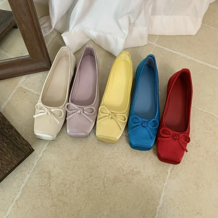 2025 New Women's Ballet Flats - Satin Bow Tie Square Toe Shoes | High-Quality, Affordable Fairy Style Ballet Slippers