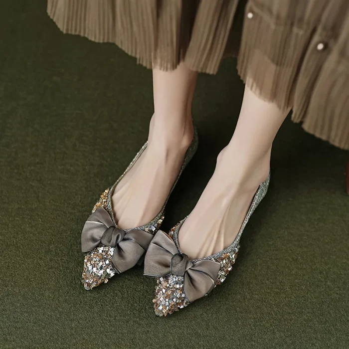 Elegant Pointed Toe Flats for Women with Bow, Rhinestone Slip-On Design, Soft Sole, Affordable Quality
