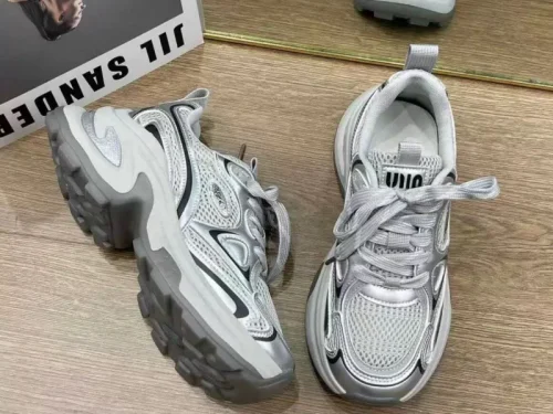 2025 New Spring Autumn Women's Clunky Sneakers Thick Sole Silver Breathable Mesh Lightweight Casual Versatile Sports Shoes