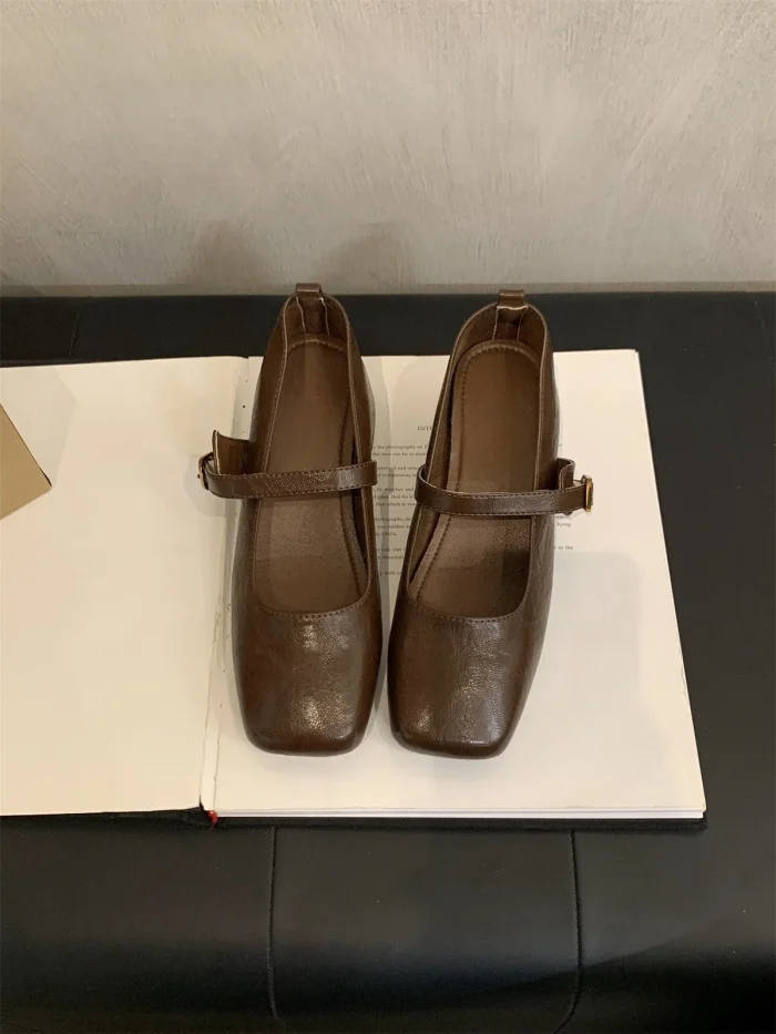 French Retro Square Toe Mid-Heel Chunky Mary Jane Shoes for Women - Spring/Fall Fashionable Leather Flats with Great Quality - Image 6