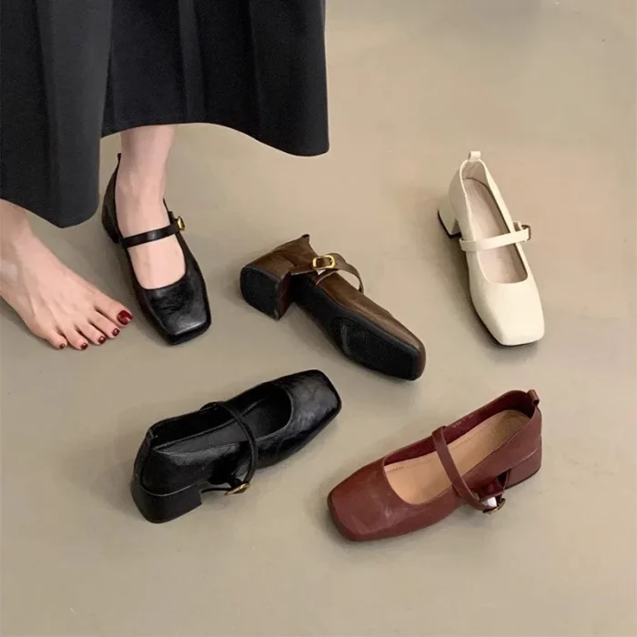 French Retro Square Toe Mid-Heel Chunky Mary Jane Shoes for Women - Spring/Fall Fashionable Leather Flats with Great Quality - Image 3