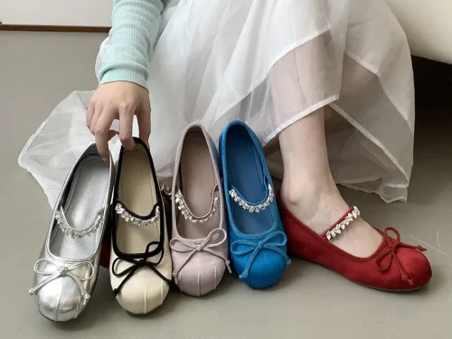 French Mary Jane Flats for Women - 2025 Spring/Summer Red Rhinestone Ballet Shoes | Affordable Quality Footwear