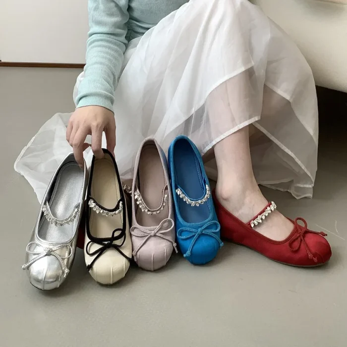 French Mary Jane Flats for Women - 2025 Spring/Summer Red Rhinestone Ballet Shoes | Affordable Quality Footwear