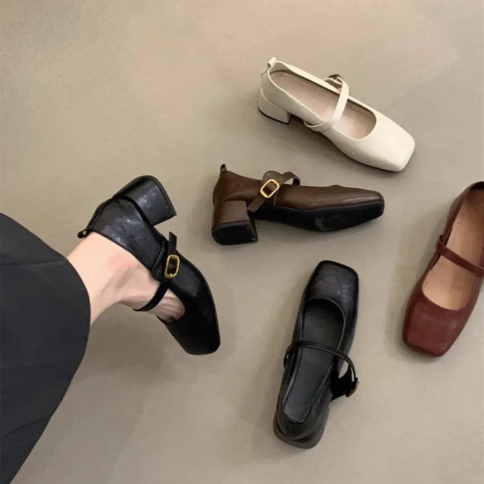 French Retro Square Toe Mid-Heel Chunky Mary Jane Shoes for Women - Spring/Fall Fashionable Leather Flats with Great Quality