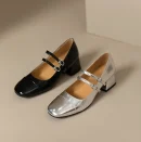Retro Silver Mary Jane Shoes for Women - Stylish Spring Autumn Mid Heels with One-Buckle Design