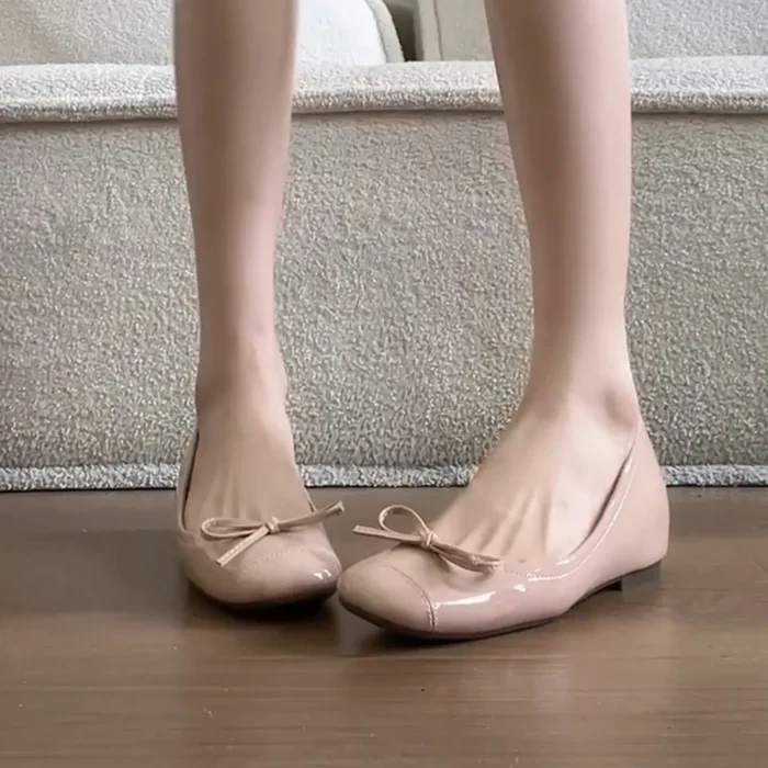 French Chic Women's High-Top Ballerina Flats with Bow - Comfortable Slip-On Low Heels and Hidden Height Increase - Image 3