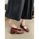 French Retro Square Toe Mid-Heel Chunky Mary Jane Shoes for Women - Spring/Fall Fashionable Leather Flats with Great Quality