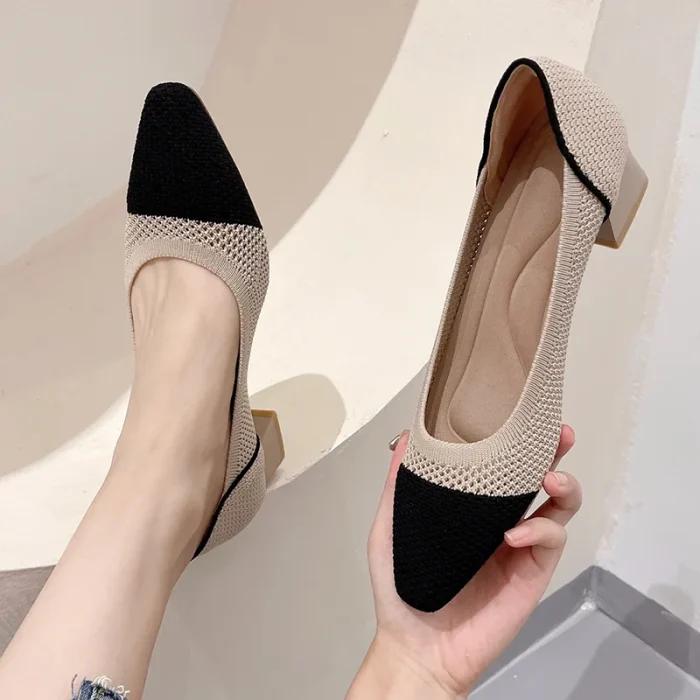 Myway 2025 Women's Hollow Knitted Chunky Heels Breathable Mesh Princess Shoes Trendy Mid-Heel for Ladies - Image 6