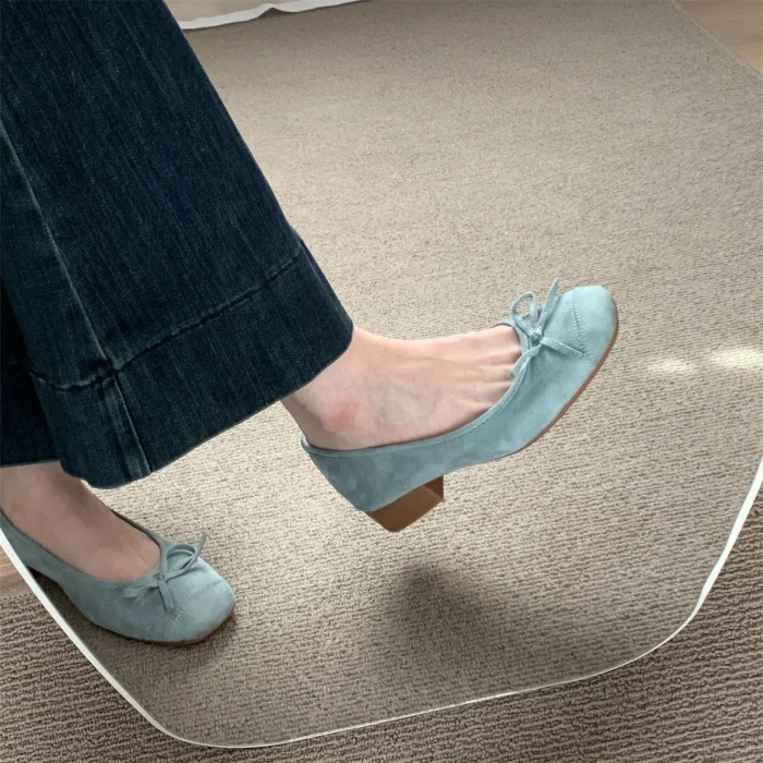 2025 Spring Autumn New Women's Chunky Heel Flats - Blue French Style with Bowknot - High Quality Affordable
