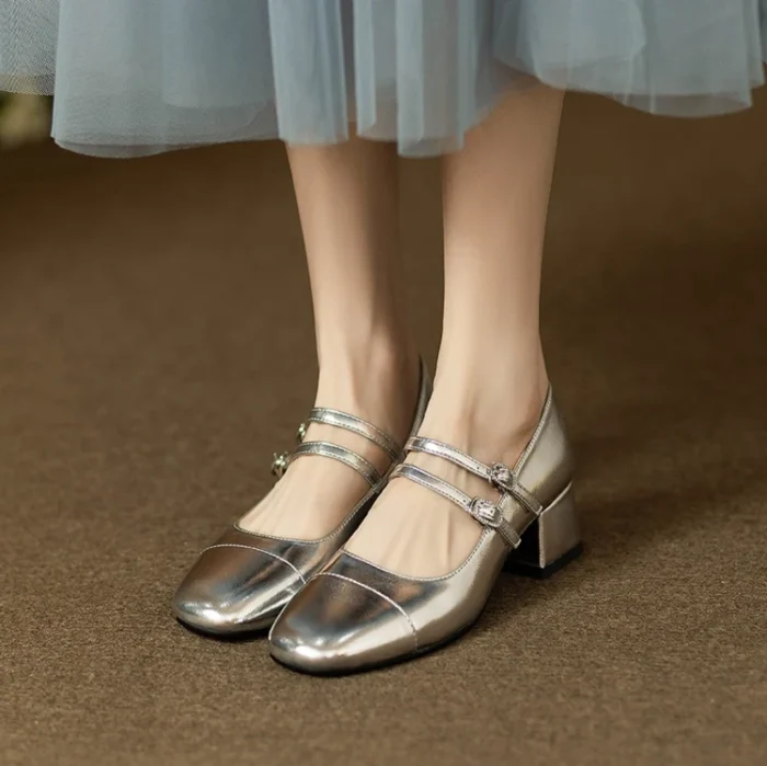 Retro Silver Mary Jane Shoes for Women - Stylish Spring Autumn Mid Heels with One-Buckle Design - Image 5