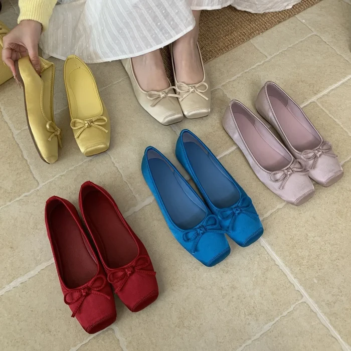 2025 New Women's Ballet Flats - Satin Bow Tie Square Toe Shoes | High-Quality, Affordable Fairy Style Ballet Slippers - Image 2