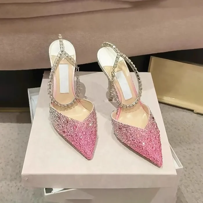2025 New Arrival Women's Gradient Pink  High Heels  Strappy Crystal Sandals with Stiletto Heels,Summer Fashion Footwear - Image 3