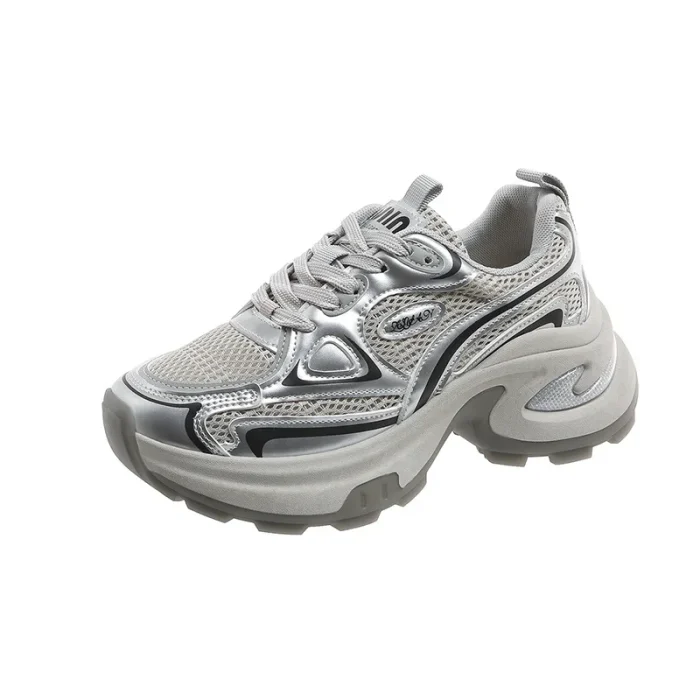 2025 New Spring Autumn Women's Clunky Sneakers Thick Sole Silver Breathable Mesh Lightweight Casual Versatile Sports Shoes - Image 5