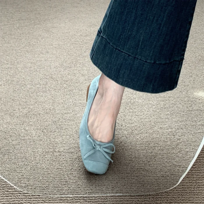 2025 Spring Autumn New Women's Chunky Heel Flats - Blue French Style with Bowknot - High Quality Affordable - Image 2
