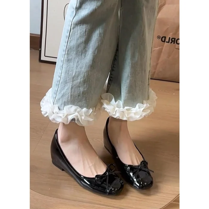 French Chic Women's High-Top Ballerina Flats with Bow - Comfortable Slip-On Low Heels and Hidden Height Increase - Image 4