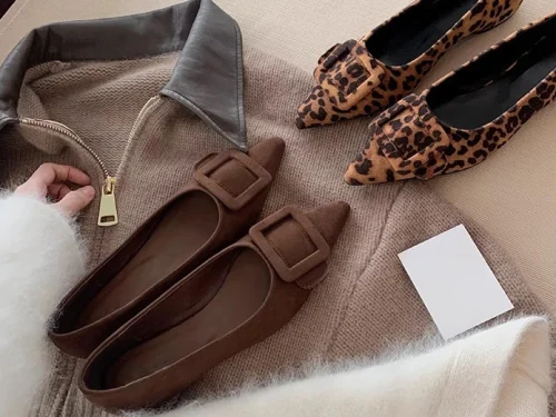 Spring New Women's Suede Pointed Toe Flats with Leopard Print - Stylish and Versatile Slip-On Shoes, High Quality and Affordable