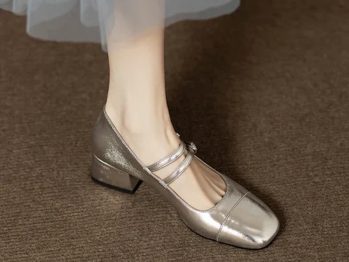Retro Silver Mary Jane Shoes for Women - Stylish Spring Autumn Mid Heels with One-Buckle Design
