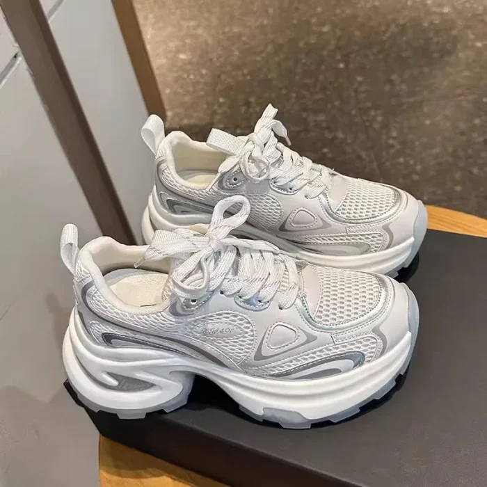 2025 New Spring Autumn Women's Clunky Sneakers Thick Sole Silver Breathable Mesh Lightweight Casual Versatile Sports Shoes - Image 4
