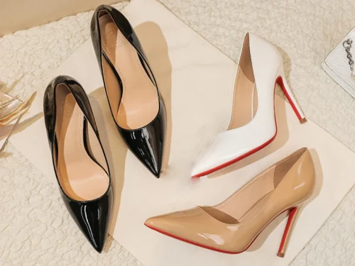 2025 Trendy Red Bottom Sexy High Heels for Women - Pointed Toe Stiletto in Nude Patent Leather - High-Quality Elegant Stilettos