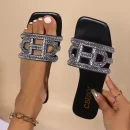 Elegant Women's Glitter Sandals with Rhinestones - Myway Flat Summer Slippers, Breathable Open-Toe Slides for Beach