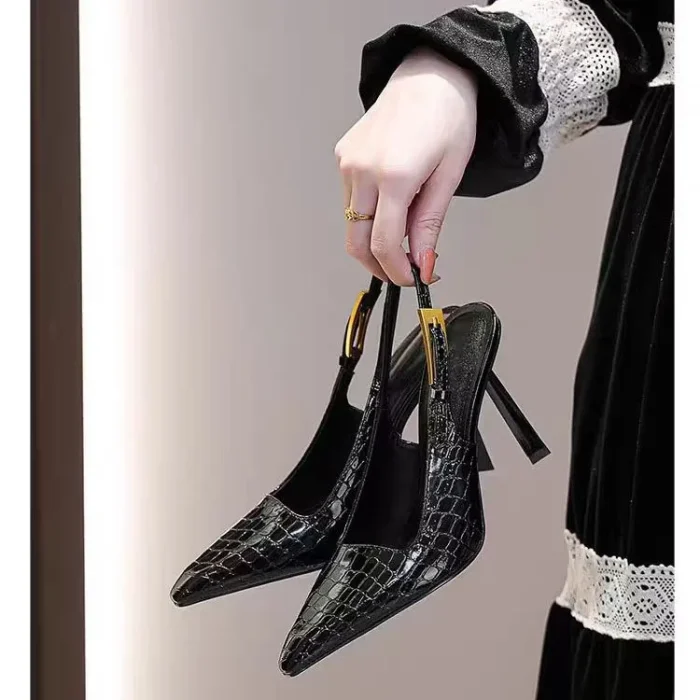 2025 New Women's Black Pointed Toe High Heels - Elegant Thin Heel Sexy French Style Buckle Strap Shoes