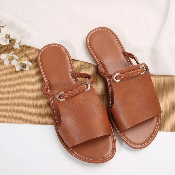 Myway 2025 New Womens Casual Beach Slippers Summer Pure Color Woven Beach Sandals Lightweight Slip on Shoes - Image 5