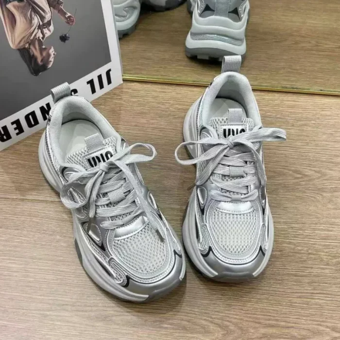 2025 New Spring Autumn Women's Clunky Sneakers Thick Sole Silver Breathable Mesh Lightweight Casual Versatile Sports Shoes - Image 3