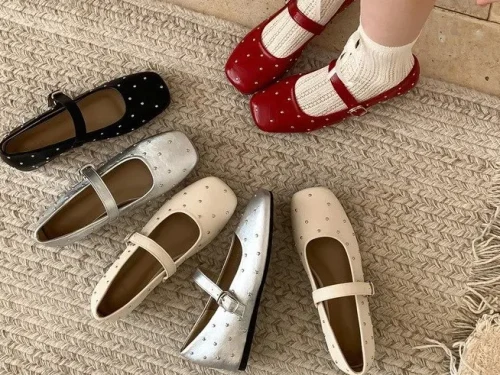 Retro Stardust Studded Ballerina Flats for Women - Spring Autumn One-Strap Mary Jane Shoes - High Quality Affordable