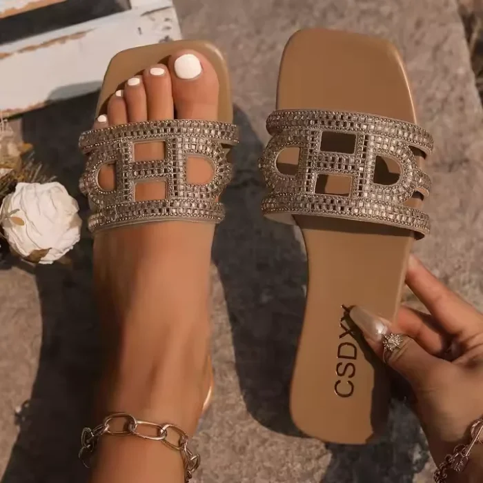 Elegant Women's Glitter Sandals with Rhinestones - Myway Flat Summer Slippers, Breathable Open-Toe Slides for Beach - Image 3