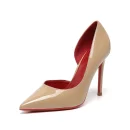 2025 New Women's Nude Poly Urethane High Heel Shoes  Sexy Cutout Pointed Toe Stiletto Heels with Red Sole, High Quality