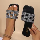 2025 Myway New Women's Fashionable Slippers Rhinestone Open Toe Flat Sandals Outdoor Slip on Large Size Beach Slippers